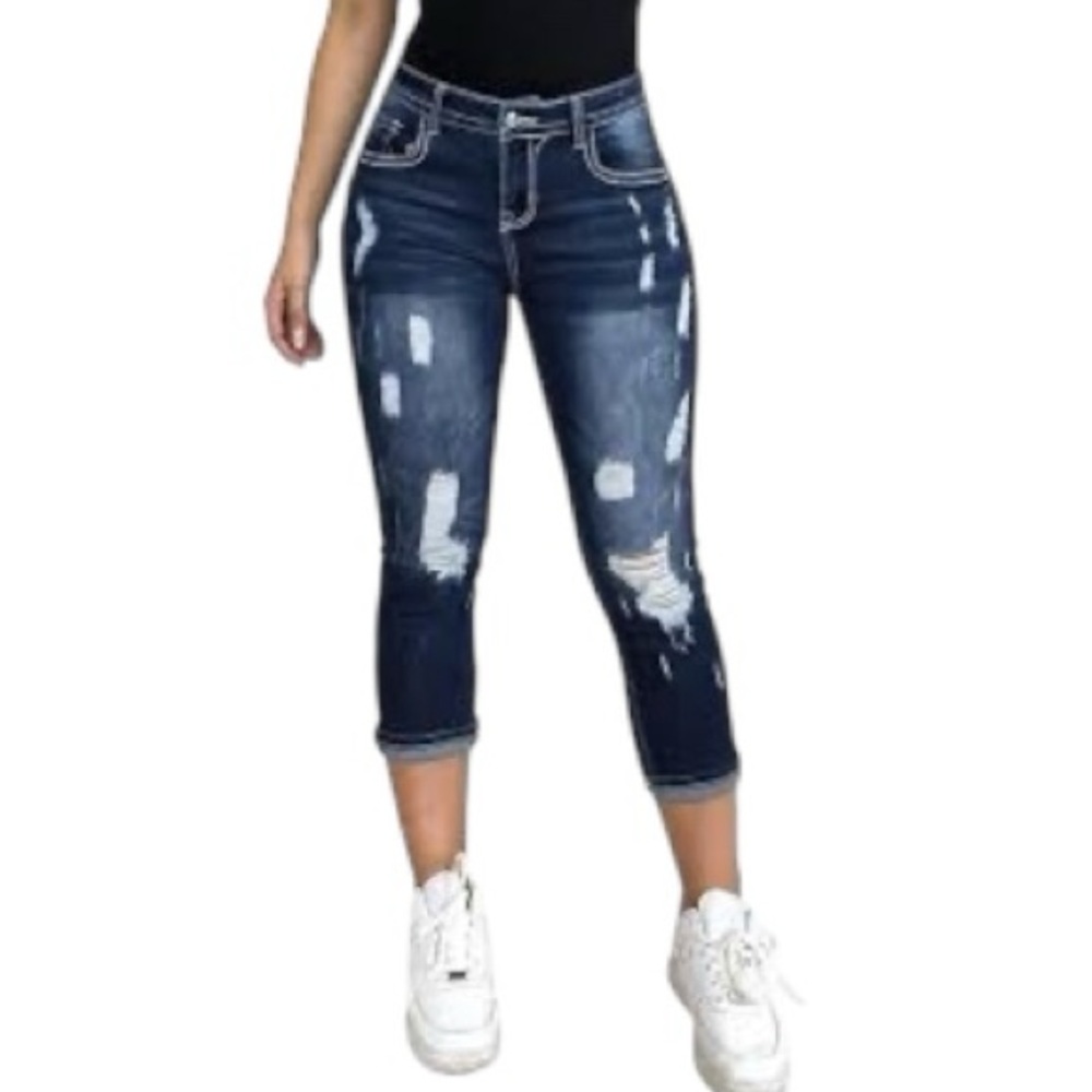 Flamingals Women's Capri Jeans Curvy Skinny Stretchy Distressed Jeans 2x